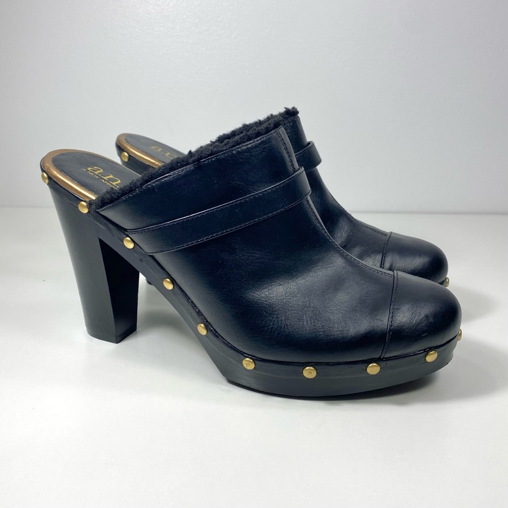 a.n.a. Black Faux Leather Gold Studded Platform Wood Heel Clogs Mules Slides 10
